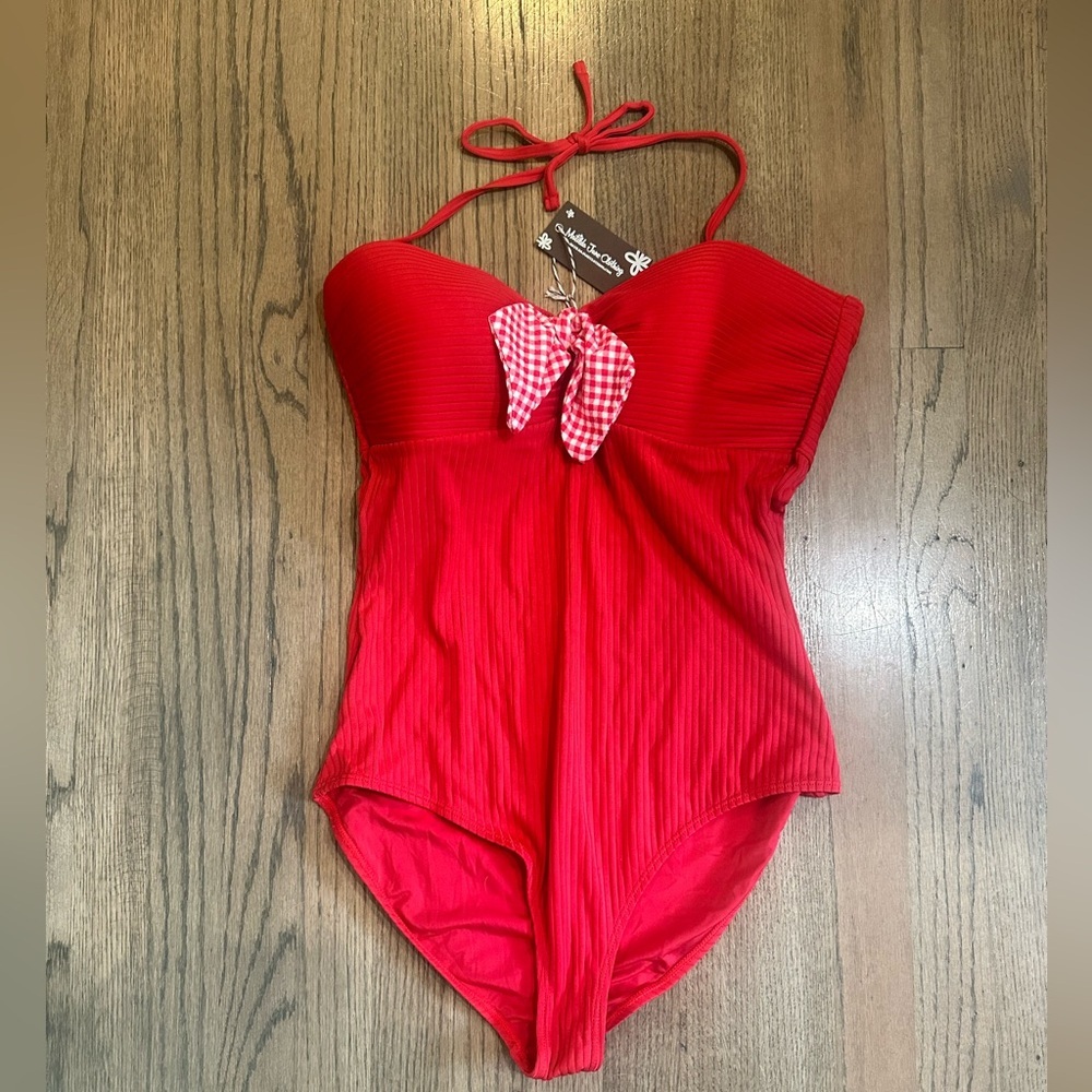 NWT Matilda Jane One Piece Red Halter Swimsuit with Gingham Bow-Size Large